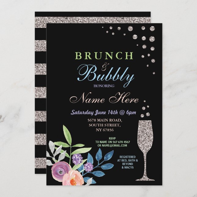 Bridal Shower Brunch & Bubbly Silver Flower Invite (Front/Back)