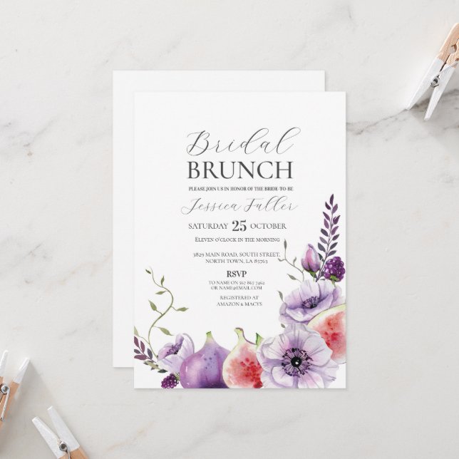 Bridal Shower Brunch Floral Purple Fig Fruit Invitation (Front/Back In Situ)
