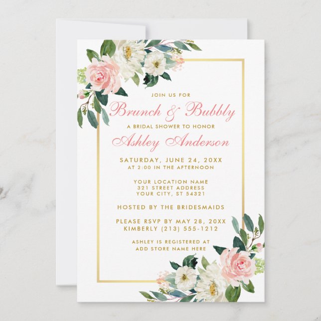 Bridal Shower Brunch Gold Pink Floral Invitation (Front)