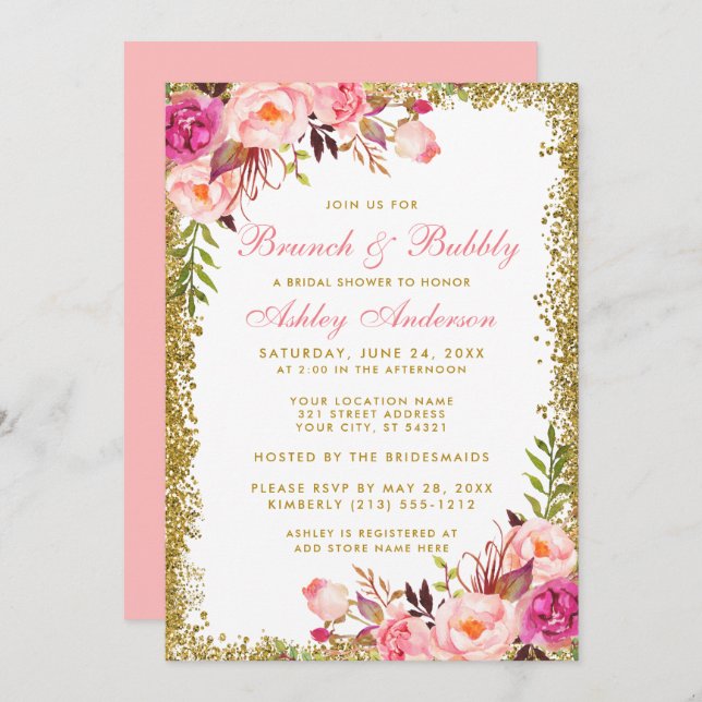 Bridal Shower Brunch Pink Floral Gold Glitter Invitation (Front/Back)
