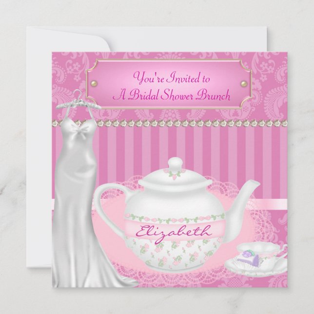Bridal Shower  Brunch Teapot & Teacup Damask Invitation (Front)