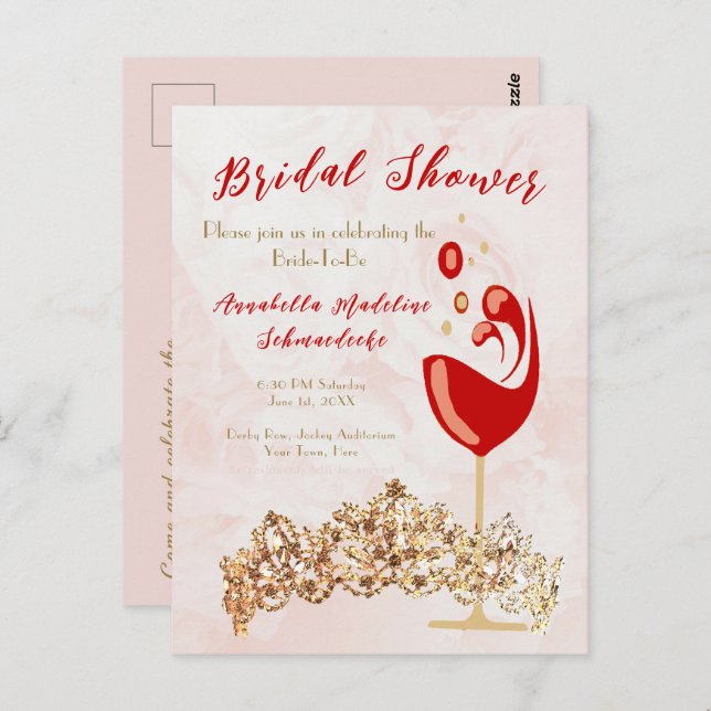 Bridal Shower Budget Blush Wine Gold Invitation    Postcard (Front/Back)