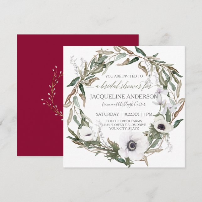 Bridal Shower Burgundy Anemone Olive Leaf Wreath Invitation (Front/Back)