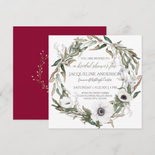 Bridal Shower Burgundy Anemone Olive Leaf Wreath Invitation
