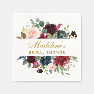 Bridal Shower Burgundy Blue Floral Gold Napkin