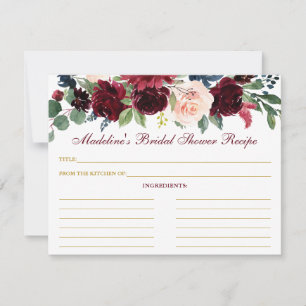 Bridal Shower Burgundy Blue Floral Gold Recipe Advice Card