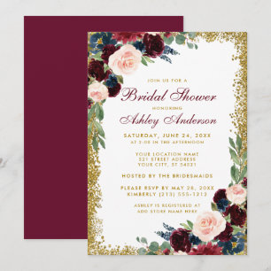 Bridal Shower Burgundy Blue Gold Glitter Invite