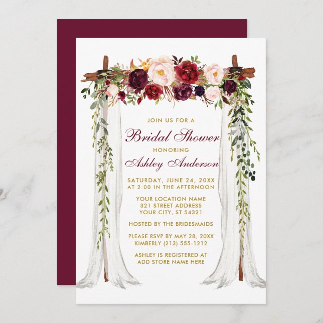 Bridal Shower Burgundy Floral Canopy Gold Invitation (Front/Back)