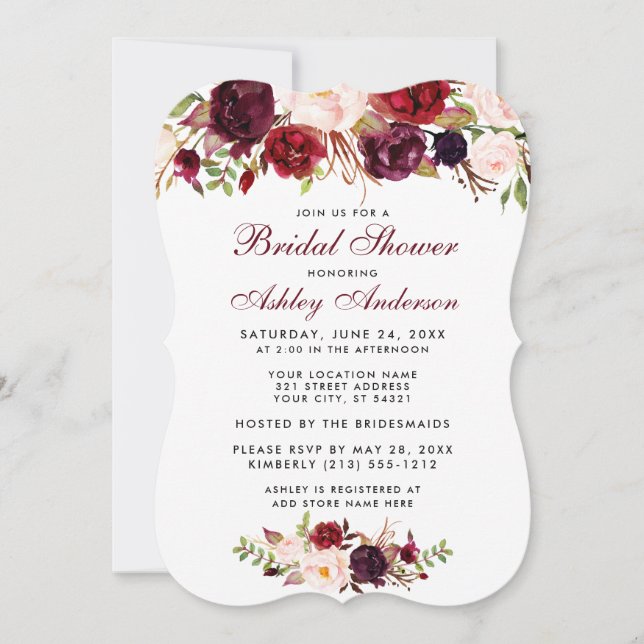Bridal Shower Burgundy Floral Invitation BWR (Front)
