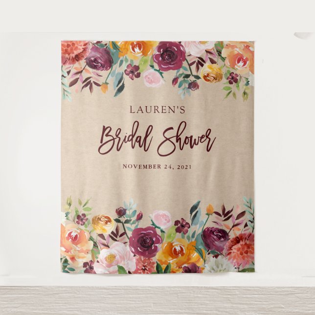 Bridal Shower | Burgundy Floral Photo Backdrop Tapestry (Front)