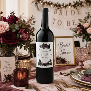 Bridal Shower Burgundy Floral Wedding  Wine Label