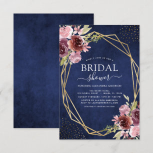 Bridal Shower Burgundy Navy Blue Geometric Floral Invitation