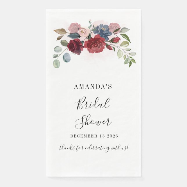 Bridal Shower Burgundy Rustic Floral Custom Napkin (Front)