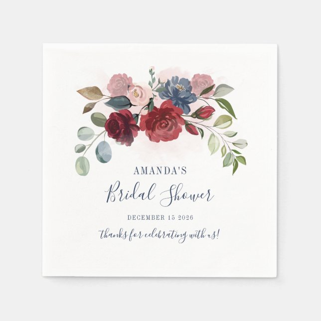 Bridal Shower Burgundy Rustic Floral Custom Napkin (Front)