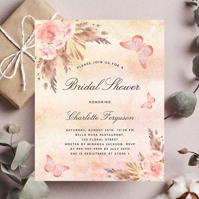 Bridal shower butterfly pampas grass blush floral invitation postcard (Creator Uploaded)