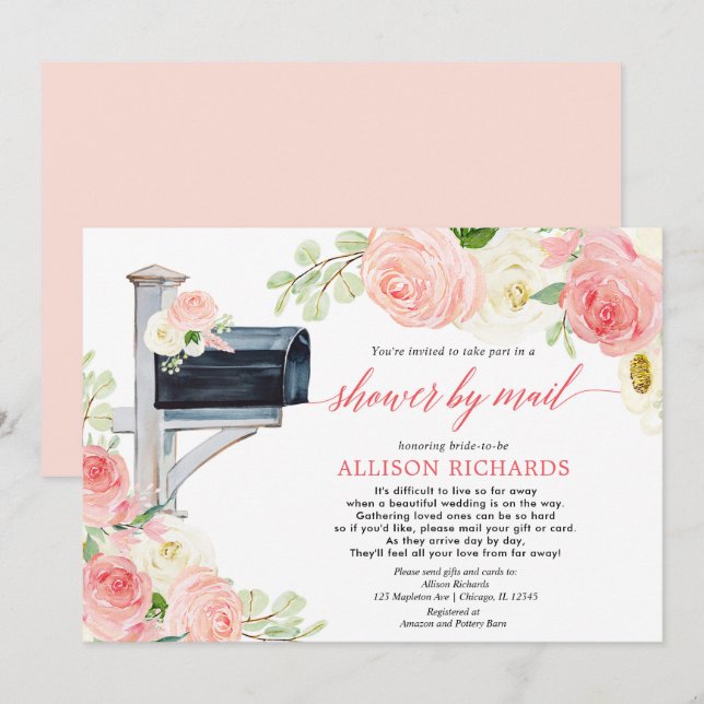 Bridal shower by mail blush pink white greenery invitation (Front/Back)