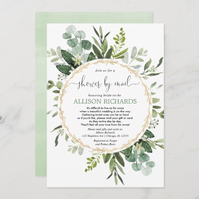 Bridal shower by mail greenery gold eucalyptus invitation (Front/Back)