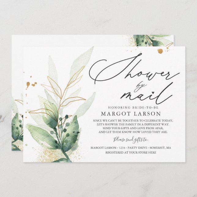 Bridal Shower By Mail Invitation Greenery & Gold (Front/Back)