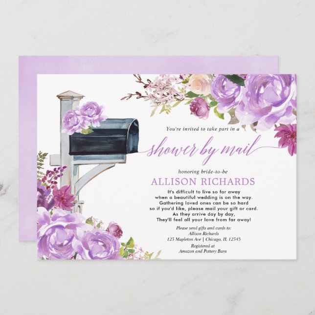 Bridal shower by mail purple lilac floral elegant invitation (Front/Back)