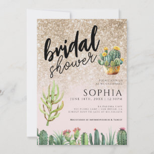 Bridal Shower Cactus Gold Glitter Glamourous Glam  Invitation