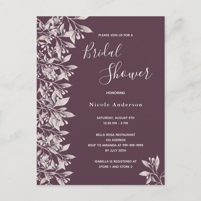 Bridal shower Cassis botanical script invitation Postcard (Front)