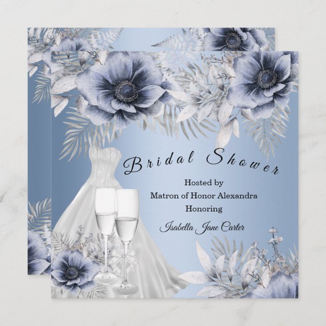 Bridal Shower Champagne Blue silver Floral gown  Invitation (Front/Back)