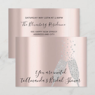 Bridal Shower Champaigne Glass Bubbles Silver Rose Invitation