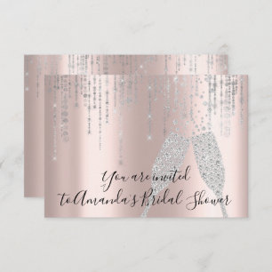 Bridal Shower Champaigne Glass Bubbles Silver Rose Invitation