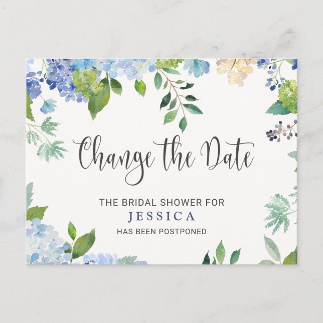 Bridal Shower Change the Date Blue Hydrangeas Postcard (Front)