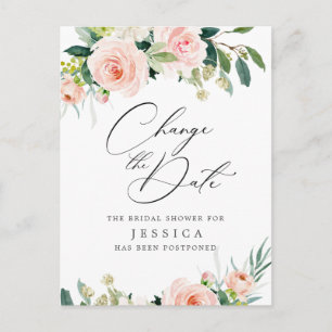 Bridal Shower Change the Date Blush Pink Flowers Postcard