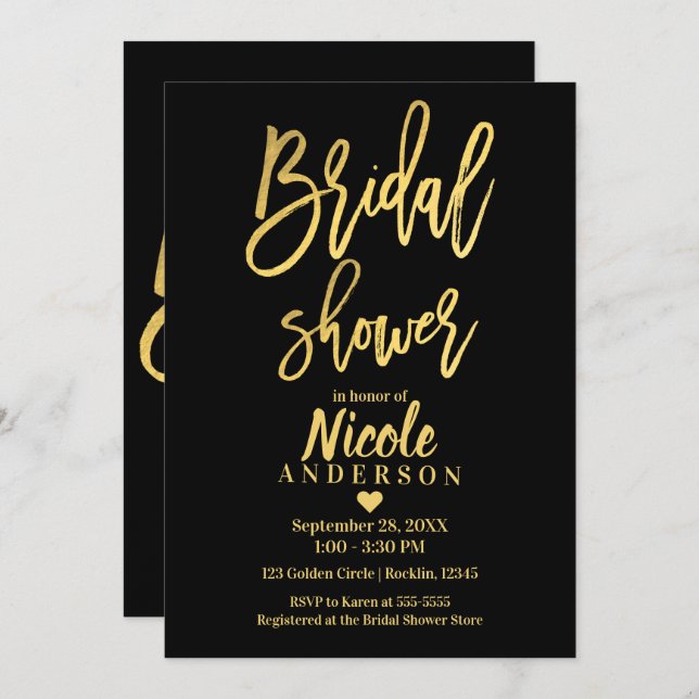 BRIDAL SHOWER Chic Gold Foil Black Modern Script Invitation (Front/Back)