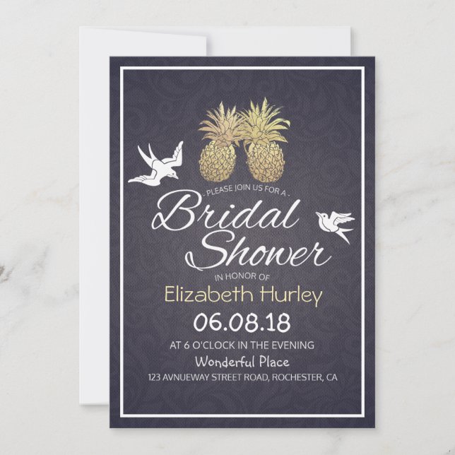 Bridal Shower Chic Gold Pineapple Couple Navy Blue Invitation (Front)