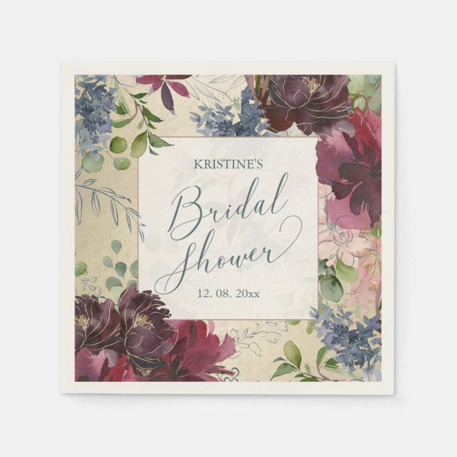 Bridal Shower Chic Marsala Floral Watercolor Gold  Napkin (Front)