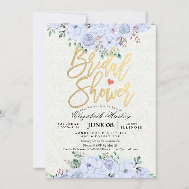 Bridal Shower Chic Watercolor Floral Gold Script Invitation (Front)