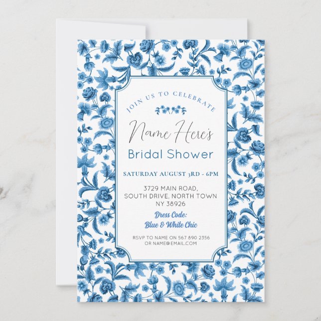 Bridal Shower Chintz Blue & White Floral Ditsy Invitation (Front)