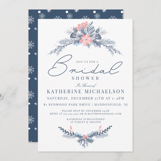 BRIDAL SHOWER | Christmas Pastel Poinsettia Floral Invitation (Front/Back)