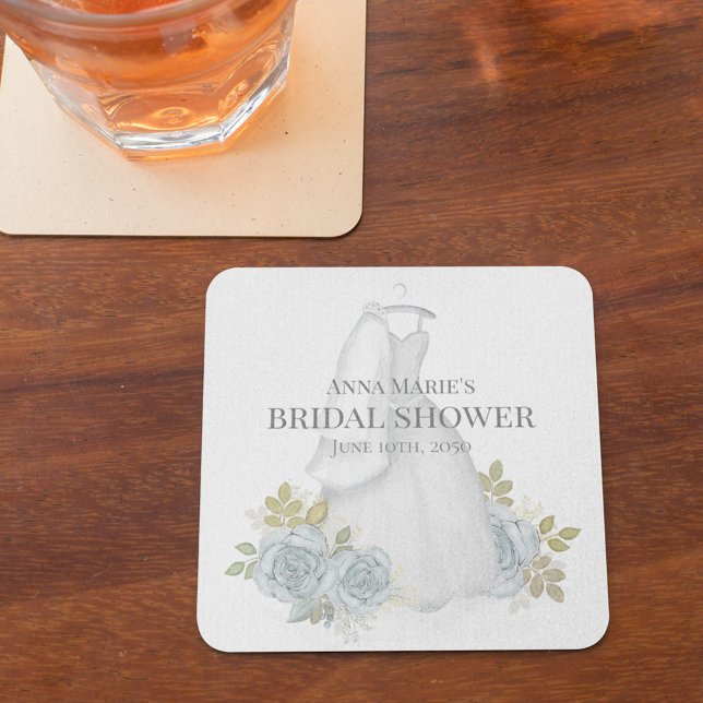 Bridal Shower Classic Elegant Blue Floral Wedding  Square Paper Coaster (Bridal shower paper coaster with blue floral and elegant wedding dress.)