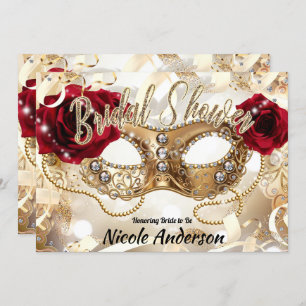 Bridal Shower Cream Gold Red Roses Masquerade Invitation