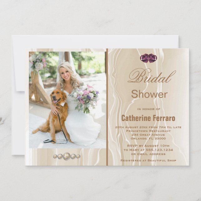 Bridal Shower & Cream Silk & Hearts & Photo Invitation (Front)