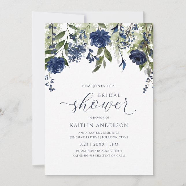 Bridal Shower Dark Blue Wildflower Greenery Invitation (Front)