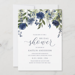 Bridal Shower Dark Blue Wildflower Greenery Invitation