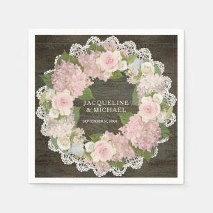Bridal Shower Dark Wood Lace Hydrangea Rose Wreath Napkin