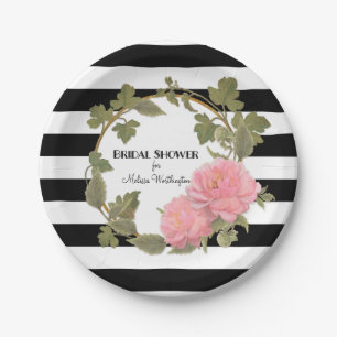Bridal Shower Decor Black Striped Peony Wreath Paper Plate