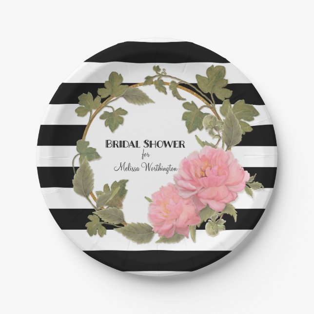 Bridal Shower Decor Black Striped Peony Wreath Paper Plate (Front)