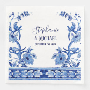 Bridal Shower Decor Indigo Blue Chinese Floral Art Napkin
