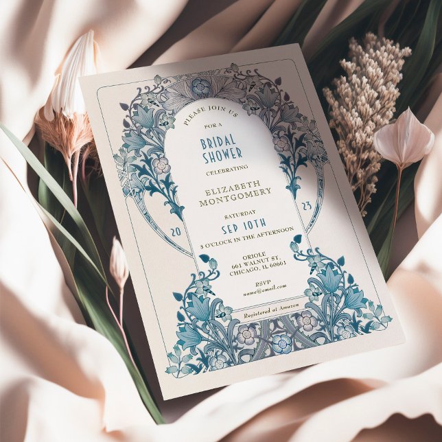 Bridal Shower Dusty Blue Art Nouveau Morris Invitation (Creator Uploaded)