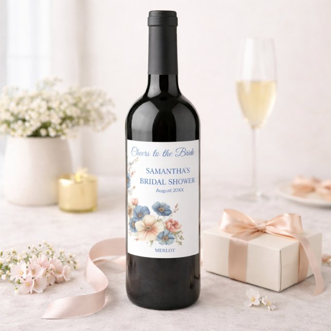Bridal Shower Dusty Blue Floral Custom Wine Label (Creator Uploaded)