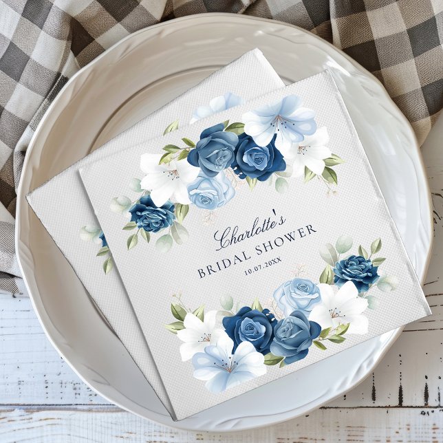 Bridal Shower Dusty Blue Floral Paper Napkin (Modern Elegant Dusty Blue Floral Watercolor Script Bridal Shower Paper Napkins)