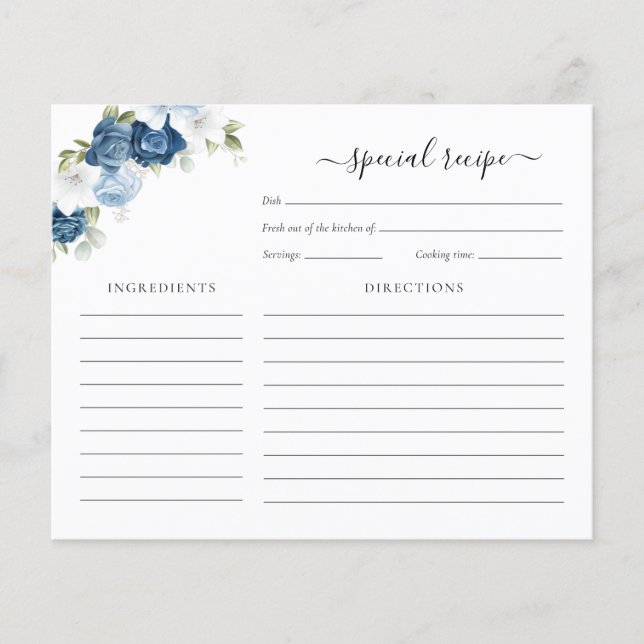 Bridal Shower Dusty Blue Floral Recipe Card (Front)