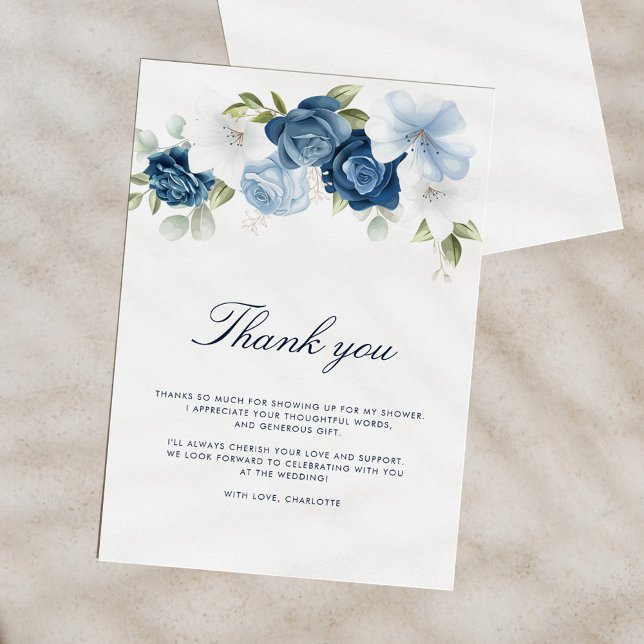 Bridal Shower Dusty Blue Floral Thank You Card (Dusty Blue Floral Bridal Shower Thank You Vertical)
